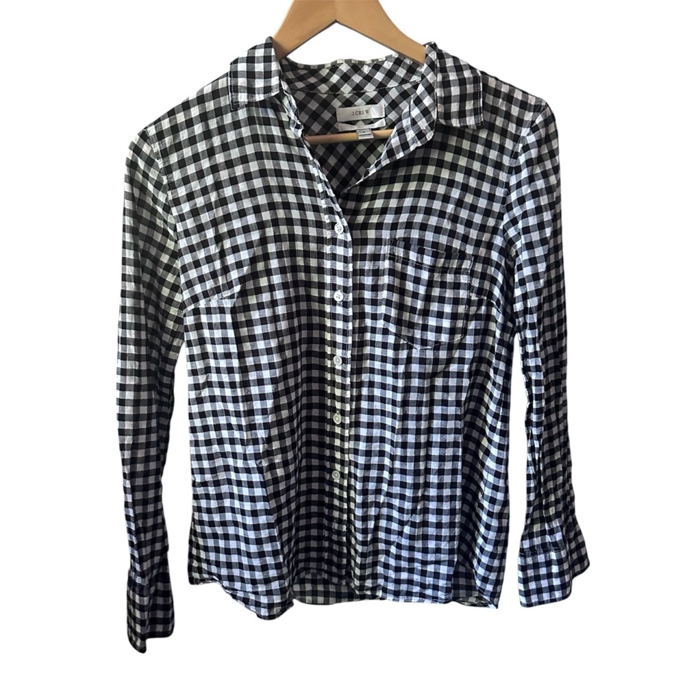 J. Crew Crinkle Boy Shirt Black White Check Button Up Cotton Size 2